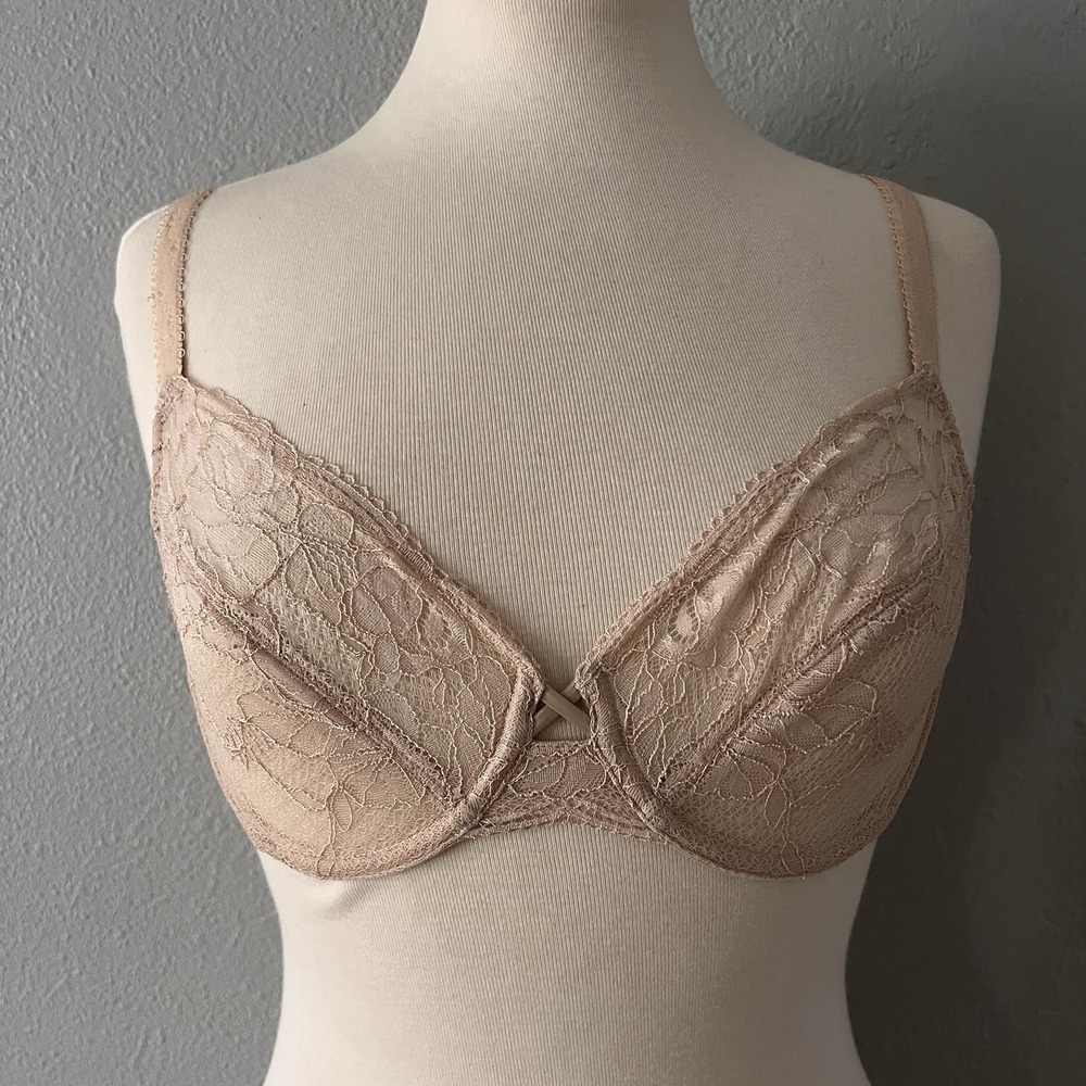 Wacoal So‎ Sophisticated Bra 851287 Nude Unlined Sheer Lace Underwire 32C Beige